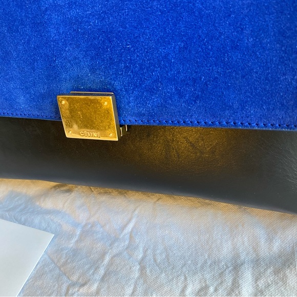 Celine trapeze bag. Bright blue suede and black leather - Picture 5 of 11